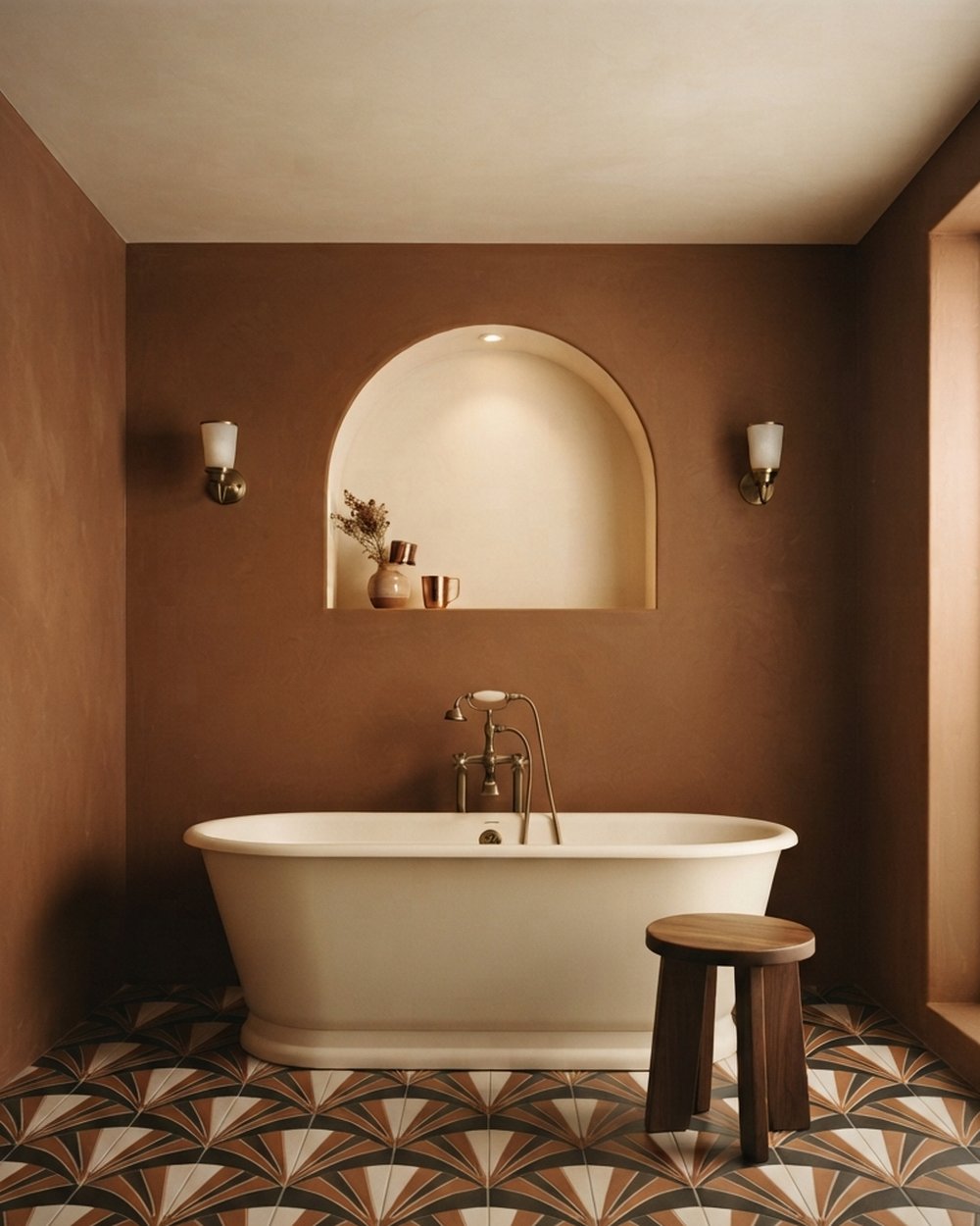 Terracotta bathtub alcove with patterned tile floor