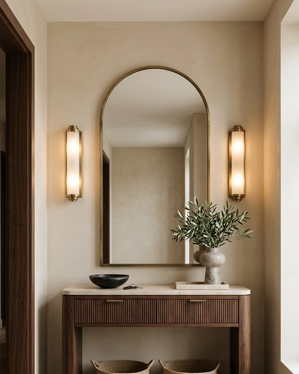 Fluted walnut console with arched brass mirror